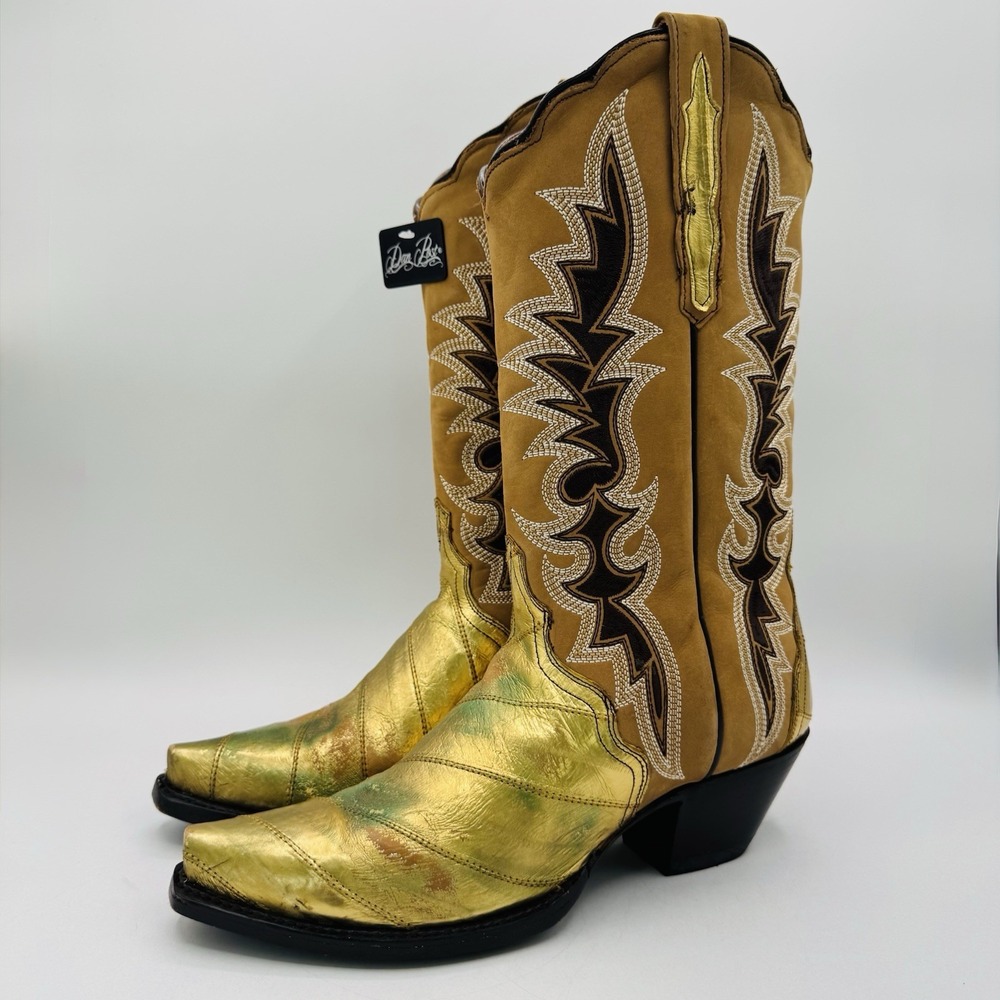 Dan Post Genuine Eel Exotic Boots Women's Size 9 Crackle Gold Metallic Leather - Picture 10 of 16
